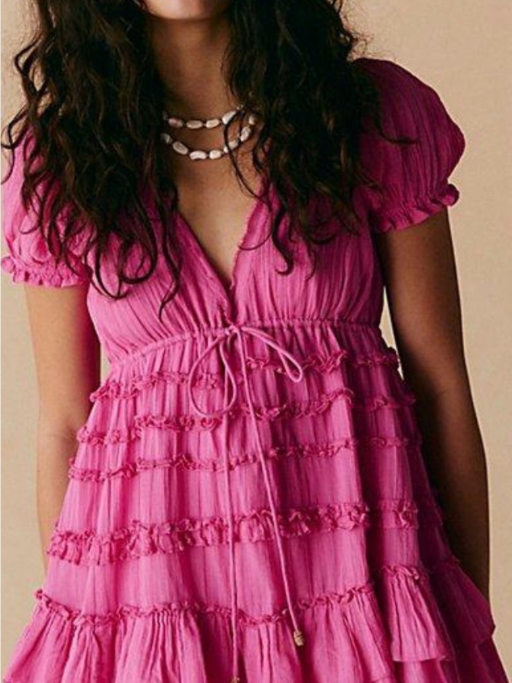 Free People Pink Darcy Fluttery Tiered V-Neck Babydoll Dress
